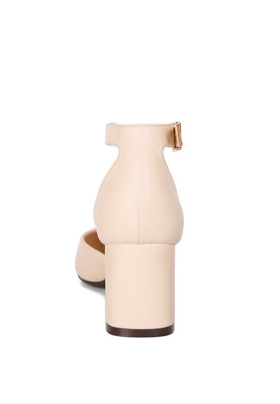 Beige Myla Faux Leather Sling Heeled Sandals back view with pin buckle strap
