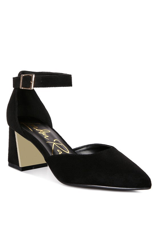 Rory Block Heels Black front angle pointed toe with ankle strap