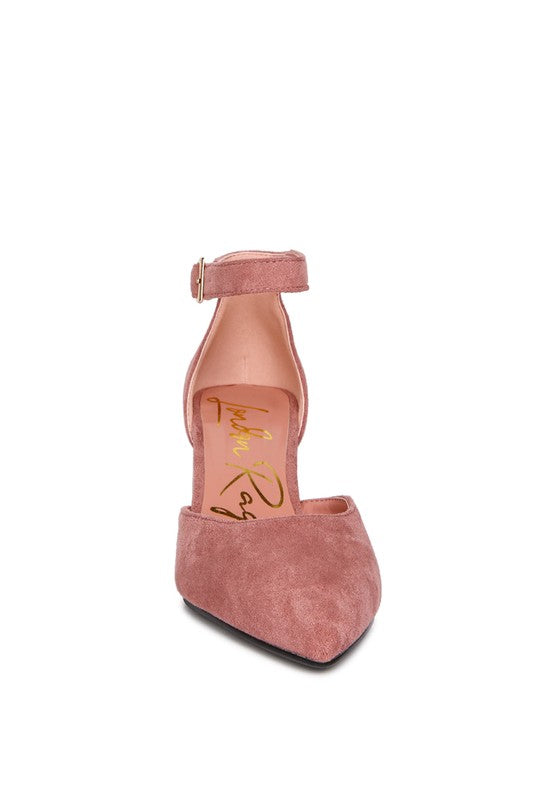 Rory Block Heels Blush top front view closed pointed toe design