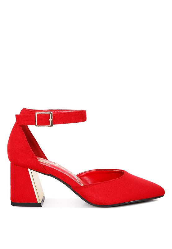 Rory Block Heels Red side view with pointed toe and block heel
