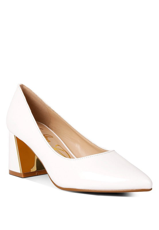 White Zaila Metallic Accent Block Heel Pumps front angle with shiny finish