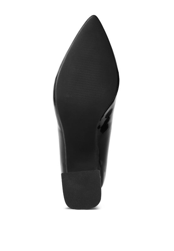 Bottom view of Black Zaila Metallic Accent Block Heel Pumps outsole and heel base
