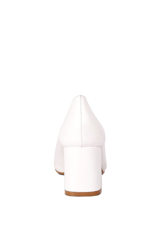 White Zaila Metallic Accent Block Heel Pumps back view showing angled heel detail