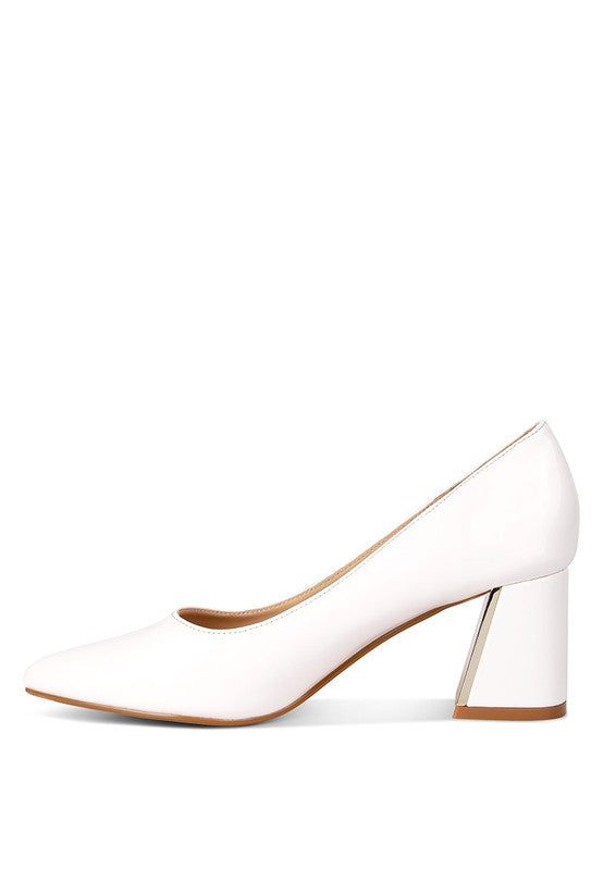 White Zaila Metallic Accent Block Heel Pumps side profile with gold block heel