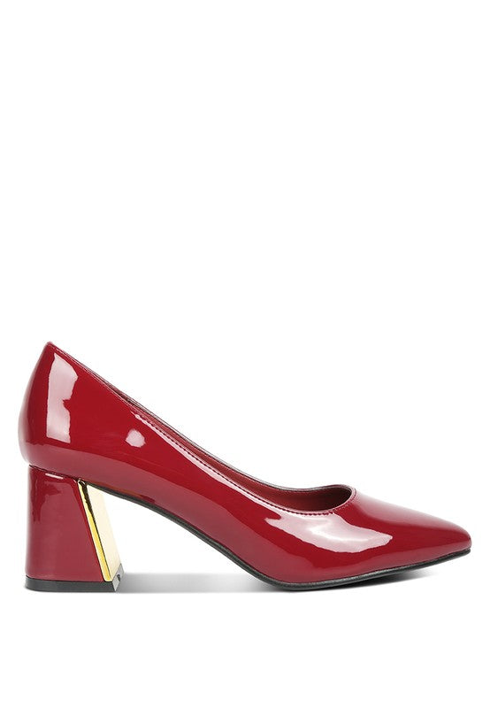 Burgundy Zaila Metallic Accent Block Heel Pumps side front with pointed toe