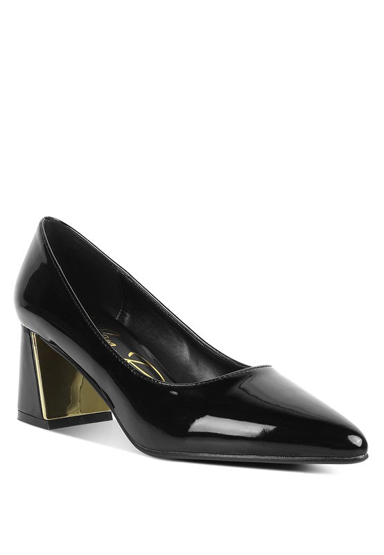 Black Zaila Metallic Accent Block Heel Pumps front angle with pointed toe