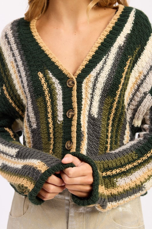 Close up of Wren Olive Combo striped knit cardigan, textured chunky knit with bold vertical retro stripes