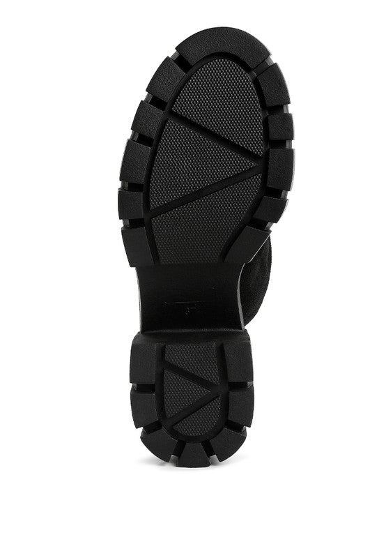 Prosper Platform Mule Black bottom view with chunky lug sole tread