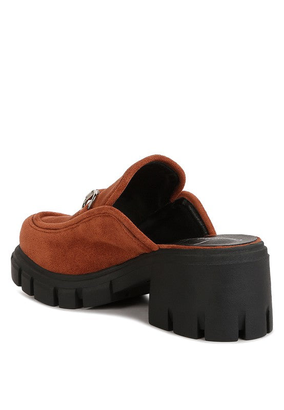Prosper Platform Mule Tan back view with block heel design