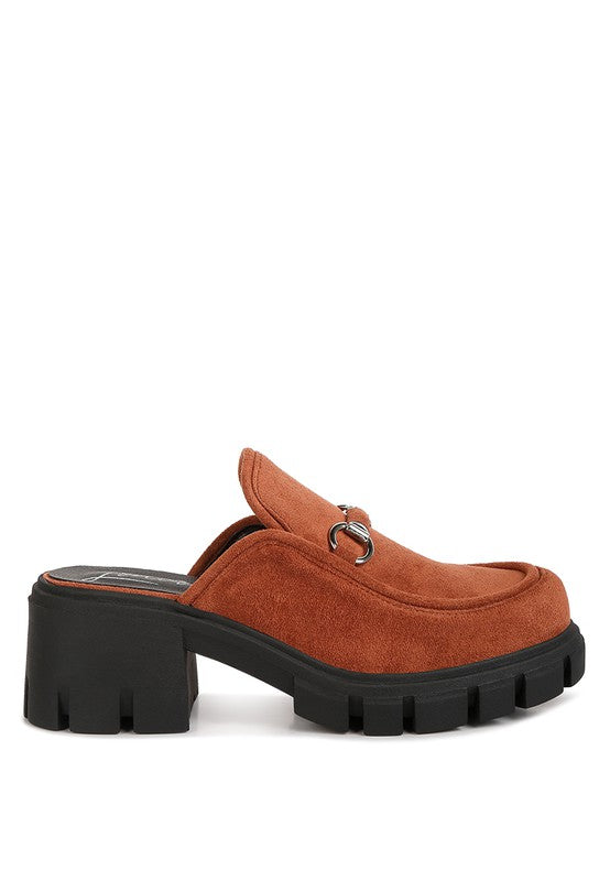 Prosper Platform Mule Tan side view with platform heel and velvet finish
