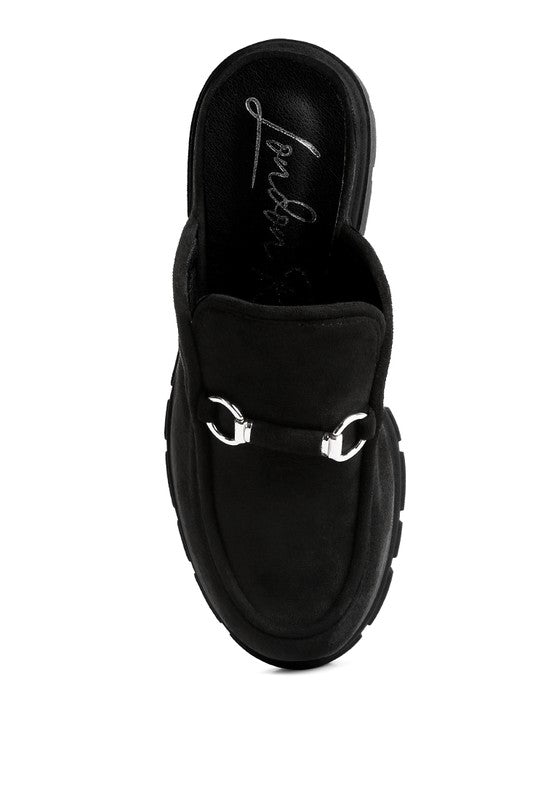 Prosper Platform Mule Black top view showing velvet upper and insole