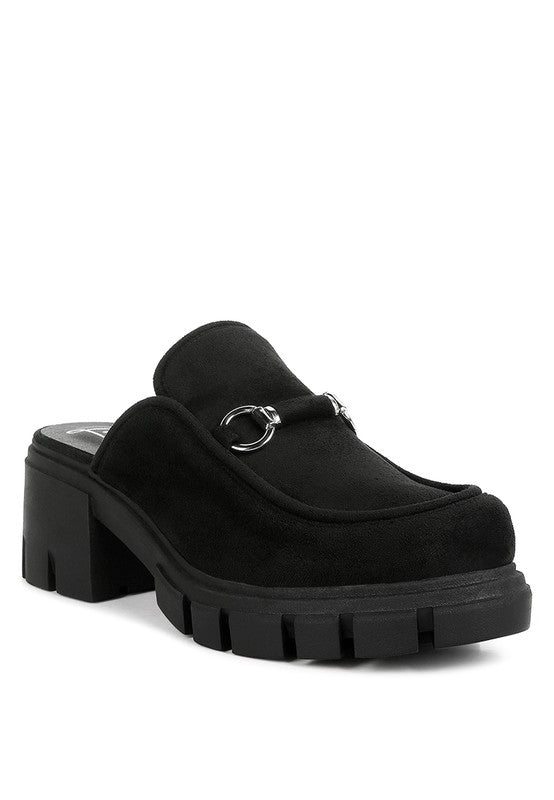 Prosper Platform Mule Black velvet loafer with horsebit detail
