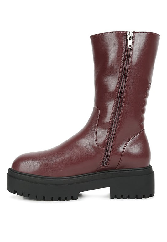 Side view of Lewisa Paneled Lug Sole Boots in burgundy with lug sole design