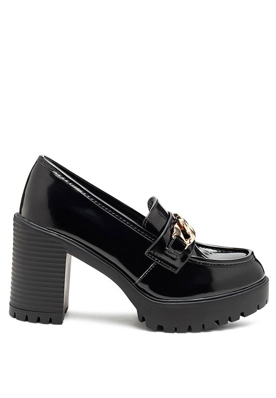 Sachs Block Heeled Chunky Loafers in Black patent leather with bold gold chain and 3.5 inch block heel.