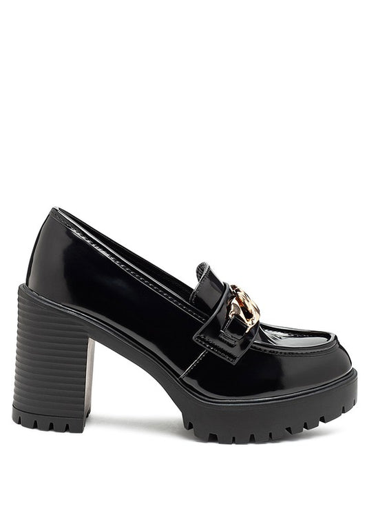 Sachs Block Heeled Chunky Loafers in Black patent leather with bold gold chain and 3.5 inch block heel.