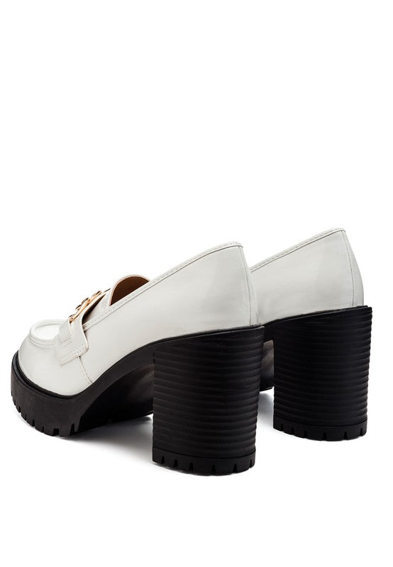 Sachs Block Heeled Chunky Loafers in White with stacked 3.5 inch block heels and ridged TPR outsoles.