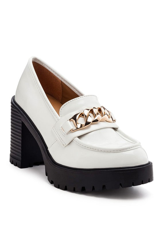 Sachs Block Heeled Chunky Loafers in White patent with gold chain, round toe and chunky lug sole.
