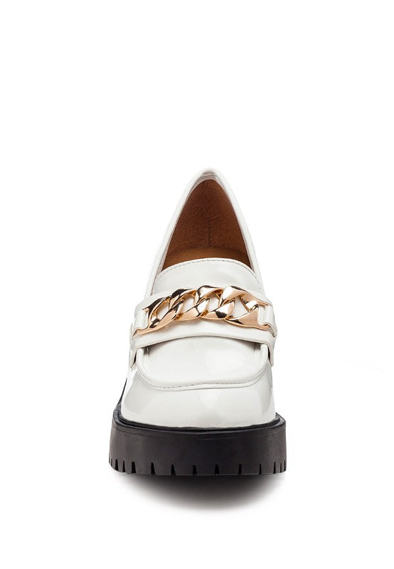 Sachs Block Heeled Chunky Loafers in White glossy patent finish with gold chain hardware.