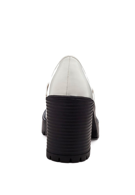 Sachs Block Heeled Chunky Loafers in White ergonomic heel design and durable slip resistant sole.
