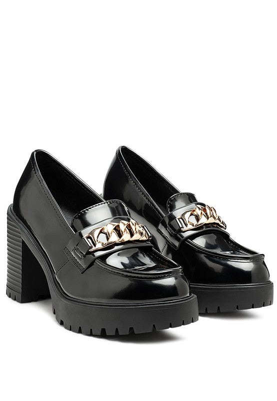 Sachs Block Heeled Chunky Loafers in Black patent pair with gold chain hardware and chunky treaded soles.