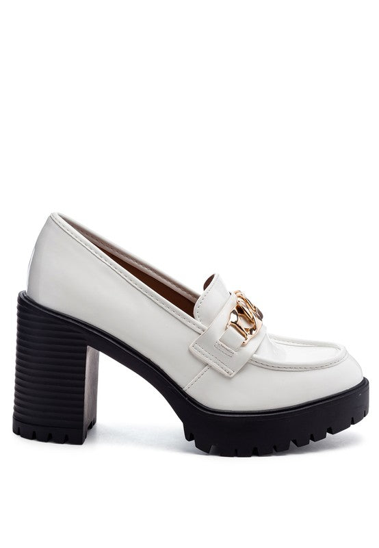 Sachs Block Heeled Chunky Loafers in White highlighting chunky platform and supportive block heel.
