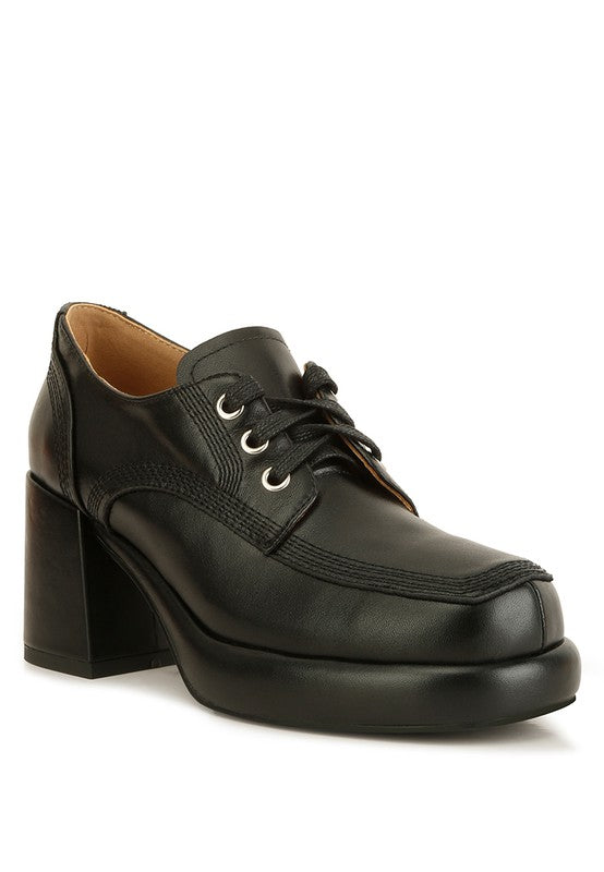 Black Quecha Leather Block Heel Oxfords front angle with platform sole