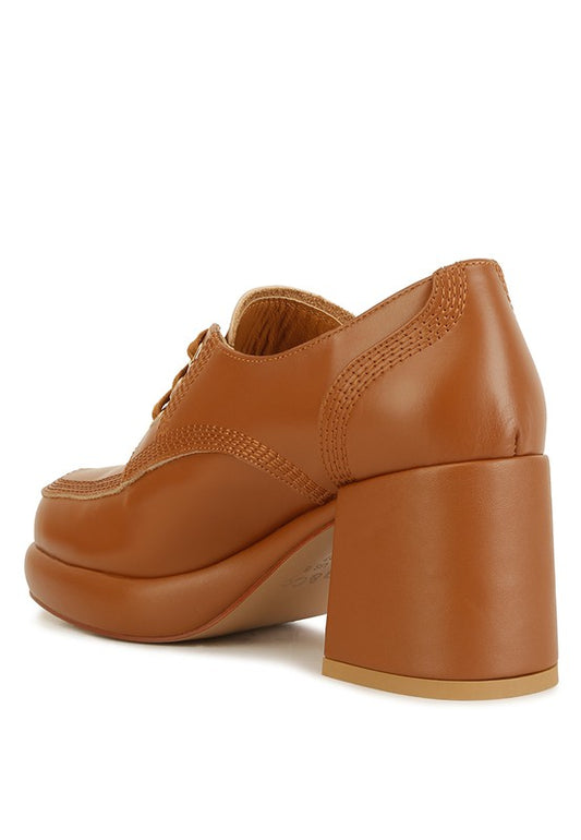 Tan Quecha Leather Block Heel Oxfords back angle showing block heel