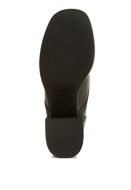 Bottom view of Black Quecha Leather Block Heel Oxfords outsole with logo