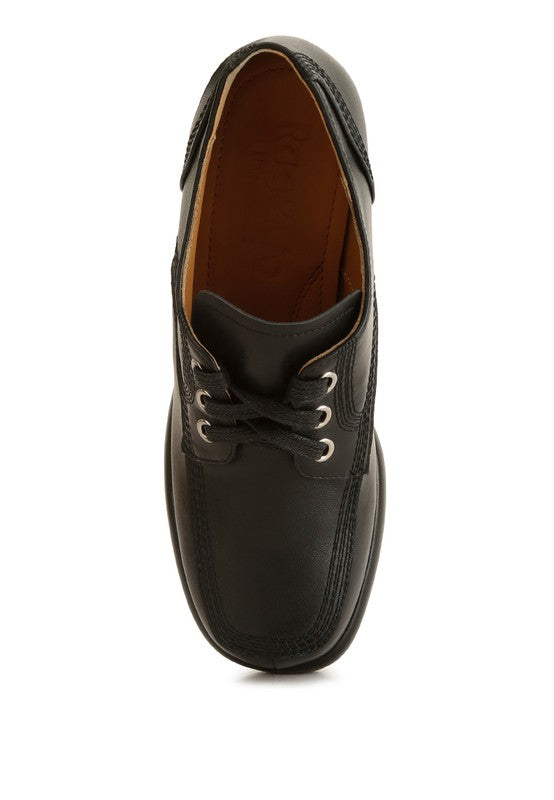Top view of Black Quecha Leather Block Heel Oxfords with lace-up detail
