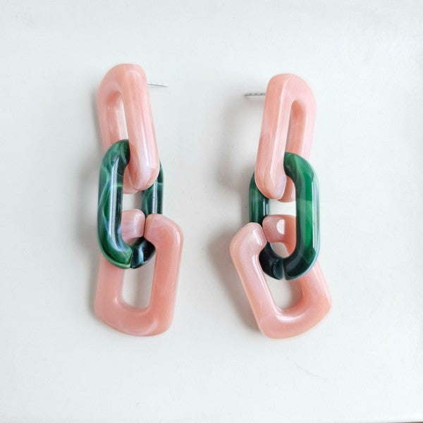 Tabitha Chunky Chain-Link Earrings on white background, forest green and vintage rose oversized links.