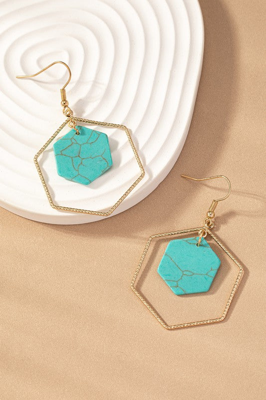 Hexagon Hoop and Stone Drop Earrings in turquoise .
