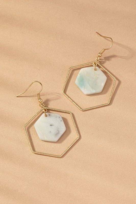 Hexagon Hoop and Stone Drop Earrings in amazonite.