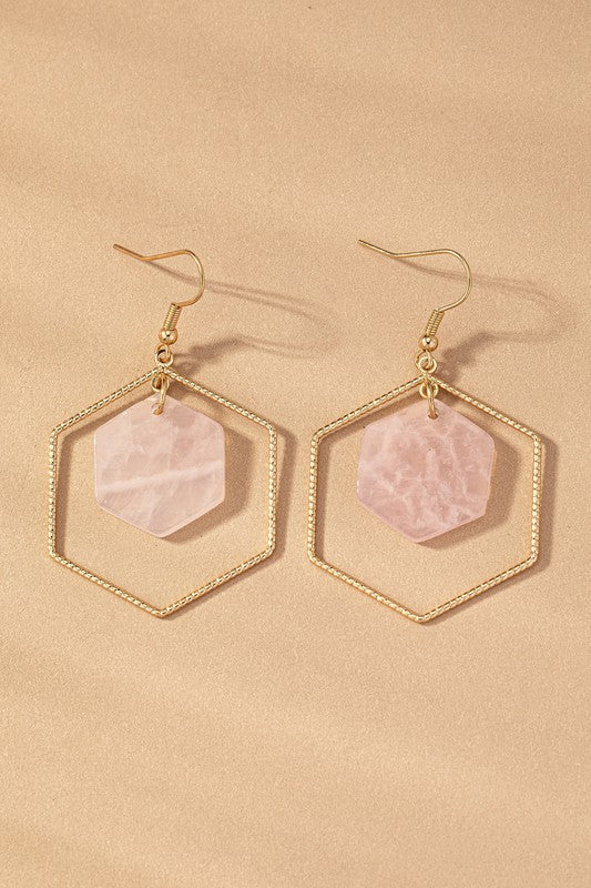 Hexagon Hoop and Stone Drop Earrings in rose quartz.