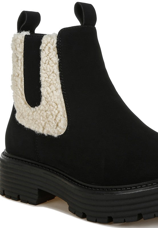 Close-up of Black Mothman Chunky Ankle Boots highlighting faux fur detail and smooth microfiber upper.
