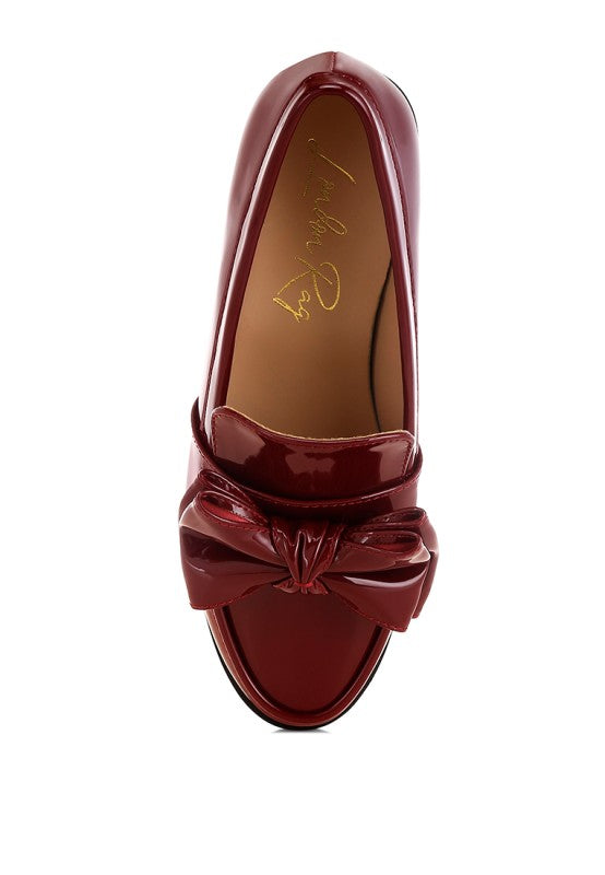 Top view of Araminta Classic Chunky Bow Loafers in Burgundy showing bow and cushioned insole