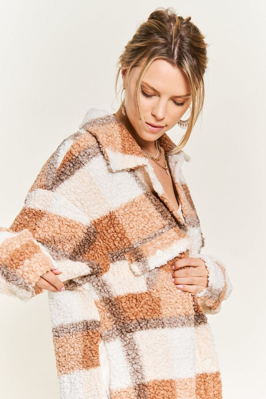 Side view of Sariya Plus Size Teddy Jacket highlighting fuzzy brown plaid with fall tones.