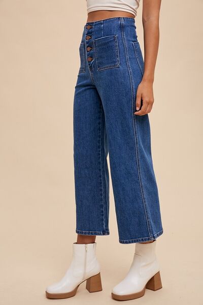 Side angle of Frankie jeans with cropped wide leg cut and button fly detail.
