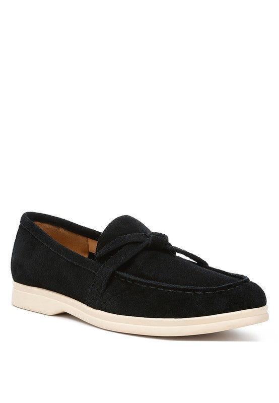 Nautica Genuine Suede Knot Detailed Loafers in black, front angle with knot vamp.