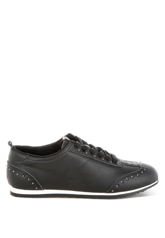 Black Odaya Studded Leather Sneakers by Rag Company, side view showcasing stud embellishments and contrast sole detail.