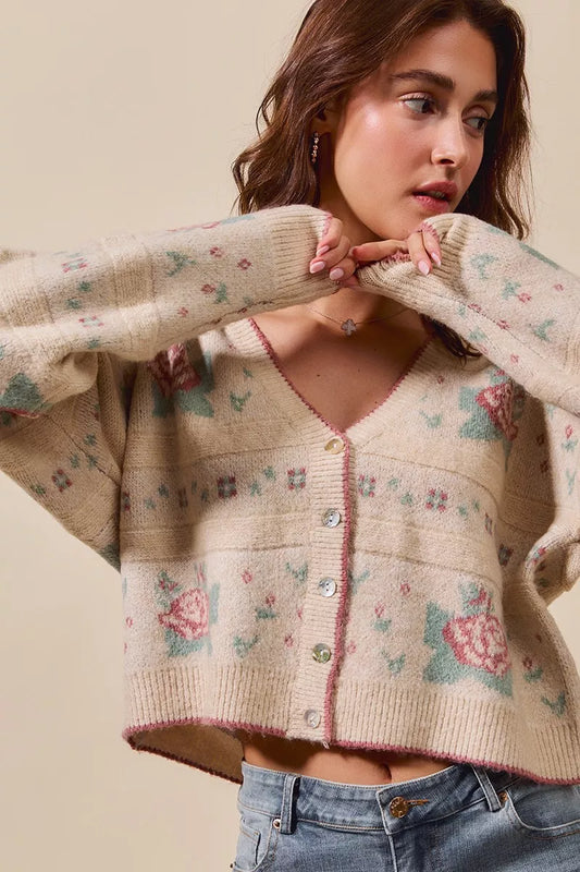 Sonny Beige Floral Knit Cardigan – close-up of V-neck button detail and pastel floral print.
