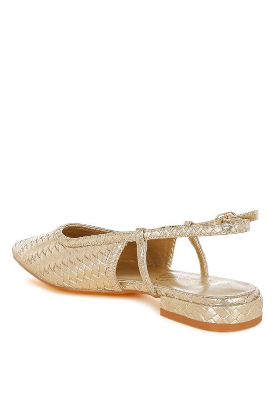 Back inside view of gold slingback sandal showcasing woven faux leather pattern and pin buckle fastening – Kurina by Rag Company