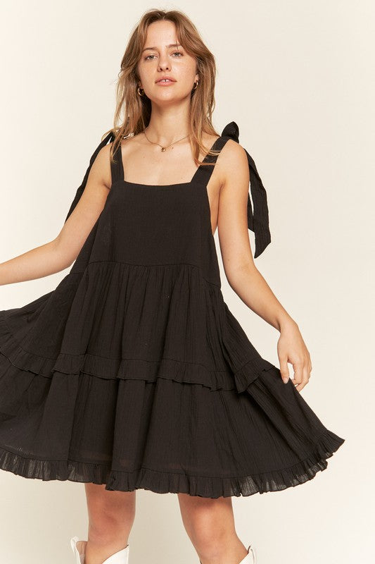 Edwina Square Neck Ruffle Mini Dress – Black, Adjustable Straps