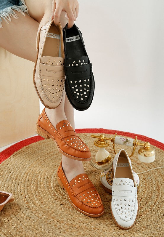 Oglavia Studded Leather Loafers displayed in all four colors: Black, Tan, Beige, and White.