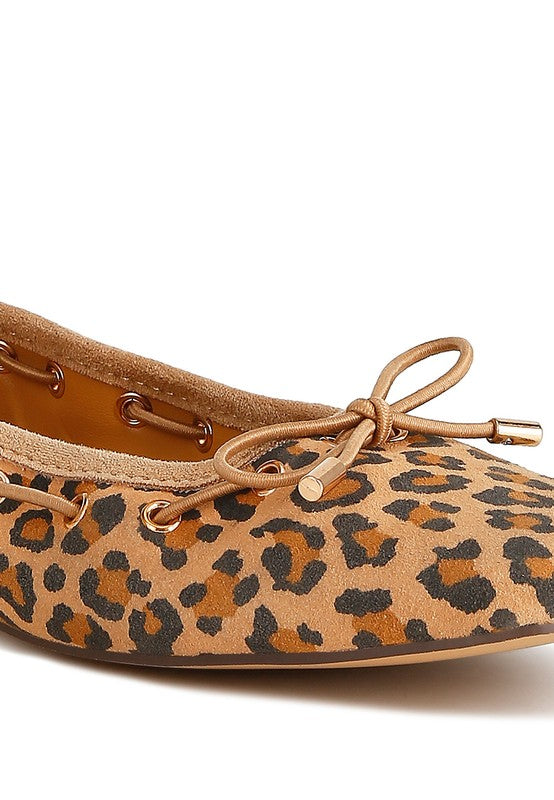 Close up of Darlow Drawstring Bow Ballerinas in leopard print with bow detail