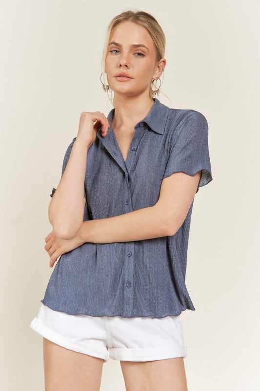 Short sleeve denim blue plus size button down shirt, flattering style.