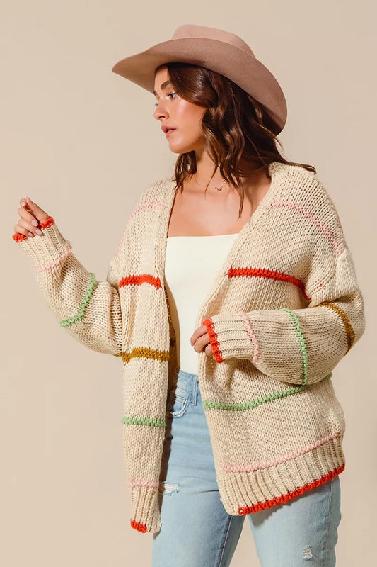 Side view of Angelina Cardigan featuring soft knit and bold colorful stripes.