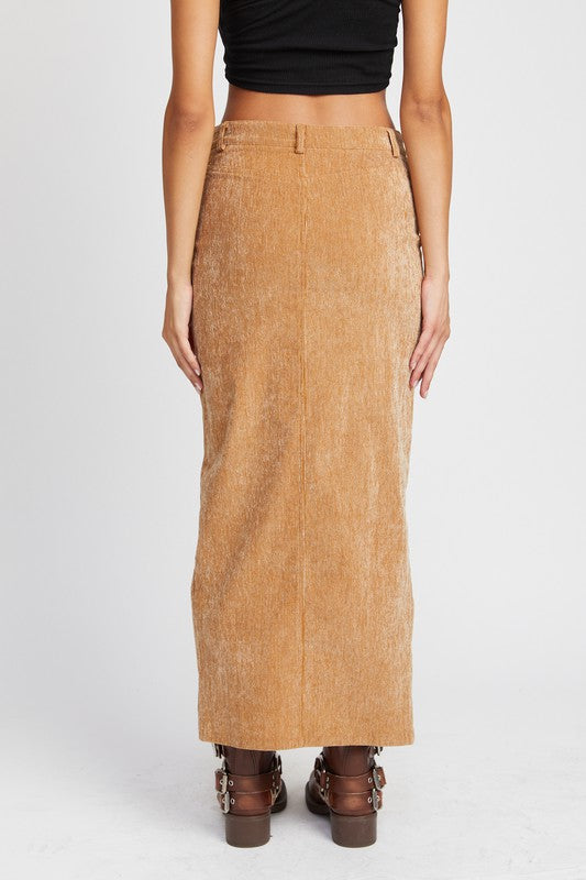asha Corduroy Mid Skirt With Front Slit rear view showing straight hem.