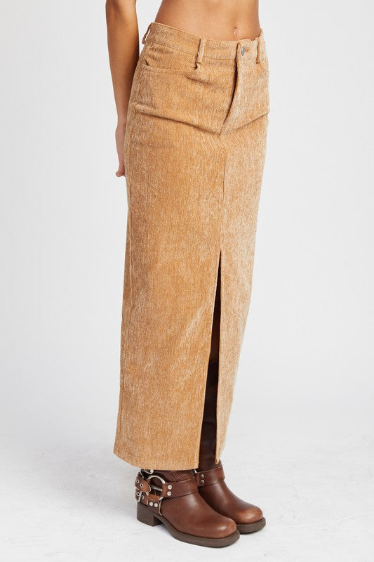 Rasha Corduroy Mid Skirt With Front Slit shown from side, high rise and slit detail.