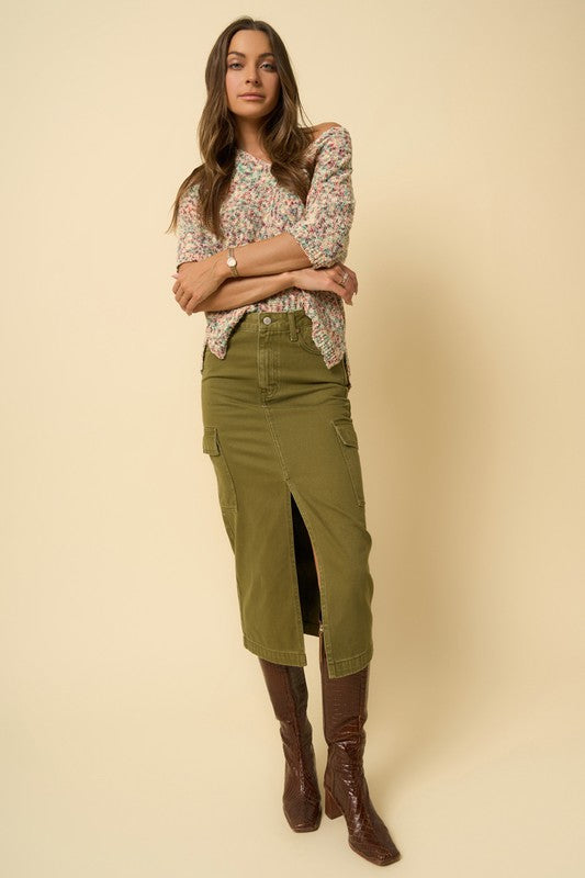Front view of Buffy Cargo Midi Skirt in olive denim, highlighting seven pockets and midi length.