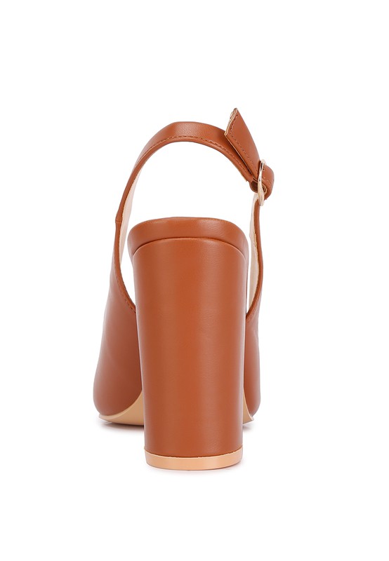 Back angle of tan Creidne Block Heel Sandals with ankle strap detail